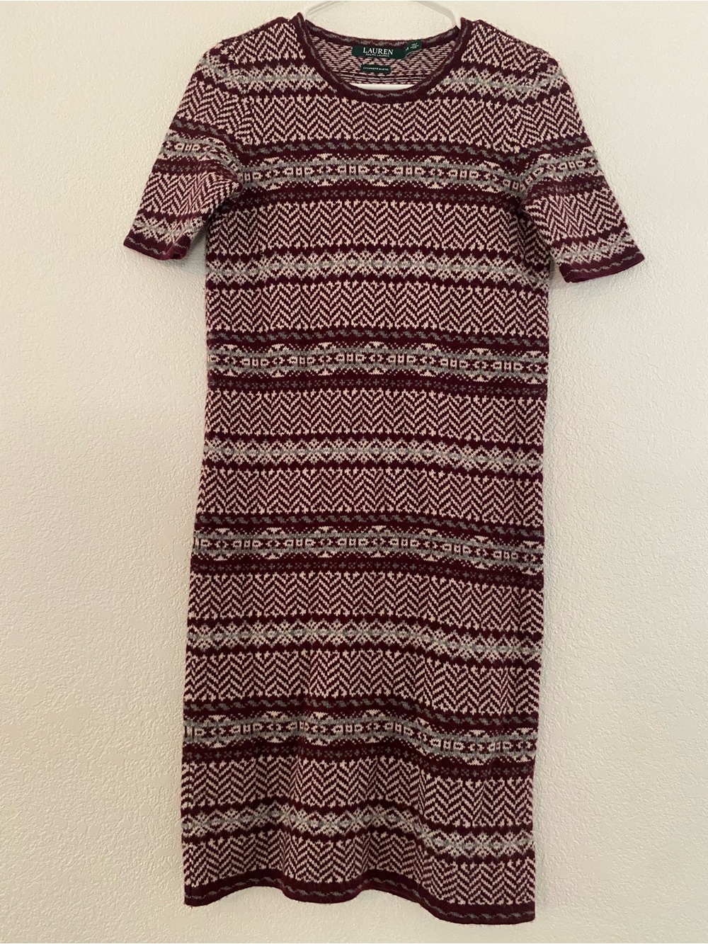 Lauren Ralph Lauren Fair Isle Sweater Dress Wool Cashmere Burgundy XS Old Money
